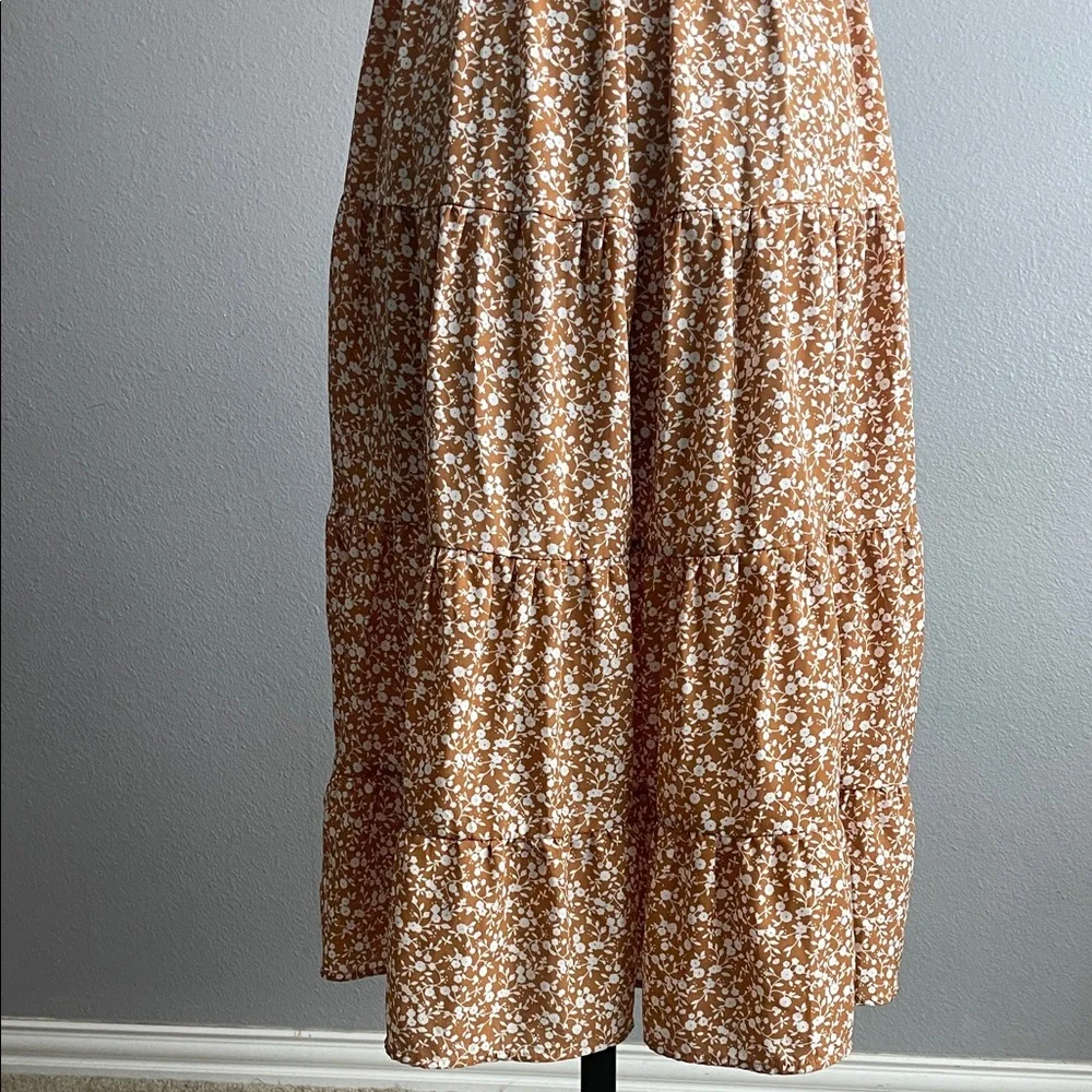 Elegant Pie In The Sky Tan Floral Midi Dress - Picture 9 of 9